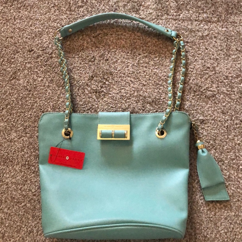 NWT Ivanka Trump Tigers Eye purse with gold chain accent straps. Turquoi…